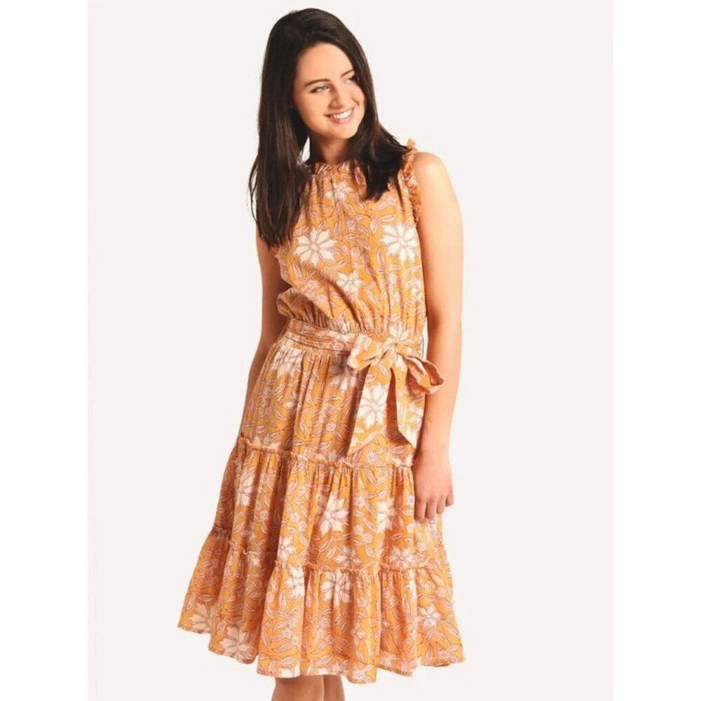 Roller Rabbit Tomlin Naoki Orange Tiered‎ Floral Ruffle Sleeveless Midi Dress
